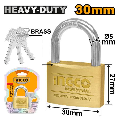 INGCO 30mm Heavy-Duty Solid Brass Padlock (Cadenas en Laiton) – Hardened Steel Shackle, Corrosion-Resistant Brass Body, and 3 Brass Keys Included (DBPL0302)