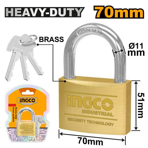 INGCO 70mm Heavy-Duty Solid Brass Security Padlock (Cadenas en Laiton) – Hardened Steel Shackle, Dual Locking Mechanism, Solid Brass Body, and 3 Precision Brass Keys (DBPL0702)