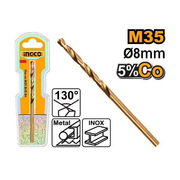 Ingco 8.0mm HSS-Co M35 Twist Drill Bit | Cobalt High-Speed Steel Jobber Drill for Stainless Steel and Hard Metals (DBT01130801)