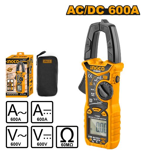 INGCO Digital AC/DC Clamp Meter 6000 Counts True RMS – Non-Contact Voltage (NCV) Detection, Integrated Flashlight, Backlit LCD, and Temperature Sensor (DCM6005)