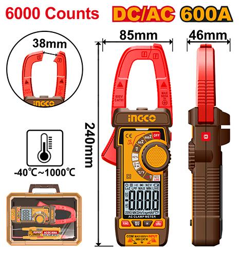 INGCO 600A AC/DC Digital Clamp Meter – Premium 6000 Counts True RMS Display, Dual-Impedance LowZ Mode, and VFD LPF Signal Filtering (DCM66002)