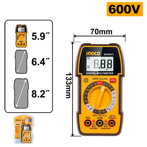 INGCO True RMS 2000 Counts Digital Multimeter – 600V AC/DC Voltage, 10A DC Current, Non-Contact Voltage (NCV) Detection, Backlight Screen, and Worklight (DM360011)