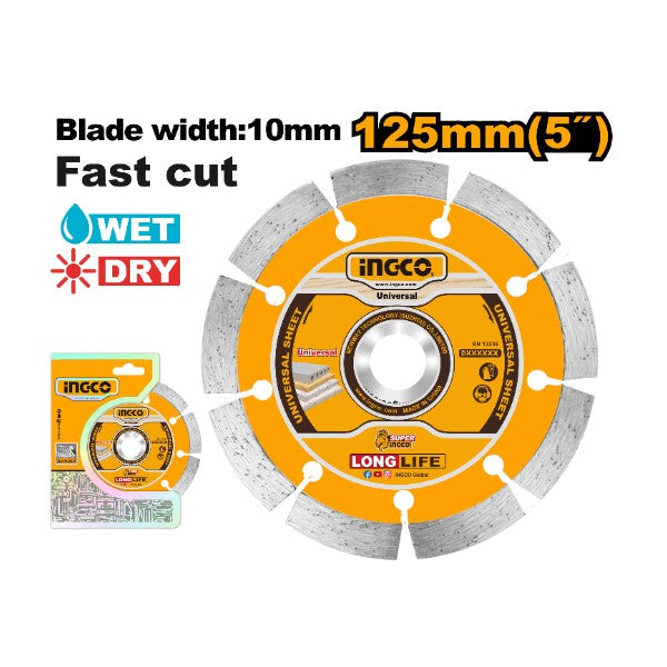 Ingco 125mm (5 Inch) Professional Dry Diamond Cutting Disc - Segmented Rim Concrete and Masonry Blade with 22.2mm Arbor for Angle Grinders (DMD011252)