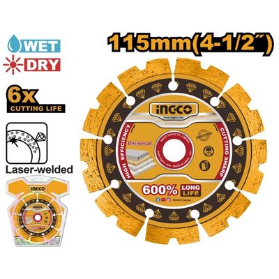 Ingco 115mm (4-1/2 Inch) Professional Segmented Diamond Cutting Disc - Heavy-Duty Dry Concrete, Brick, and Masonry Saw Blade for Angle Grinders (DMD071151)