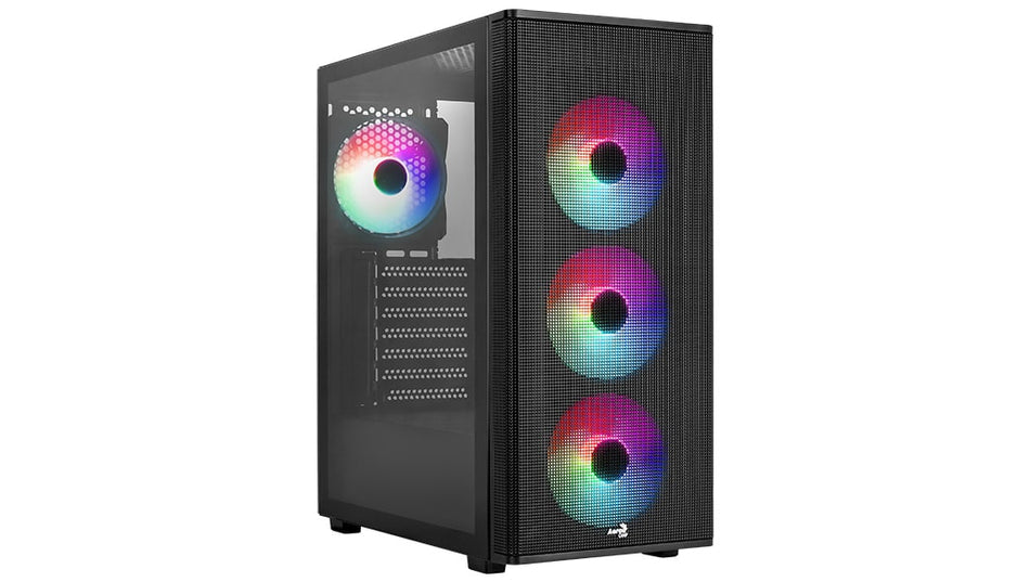 AEROCOOL Designer tempered glass Mid Tower Case with pre-installed Front 120mm ARGB fan x3,  Rear 120mm ARGB fan x1, 7-port PWM ARGB fan hub, USB3.0 x 1 - Glass Edition -Black