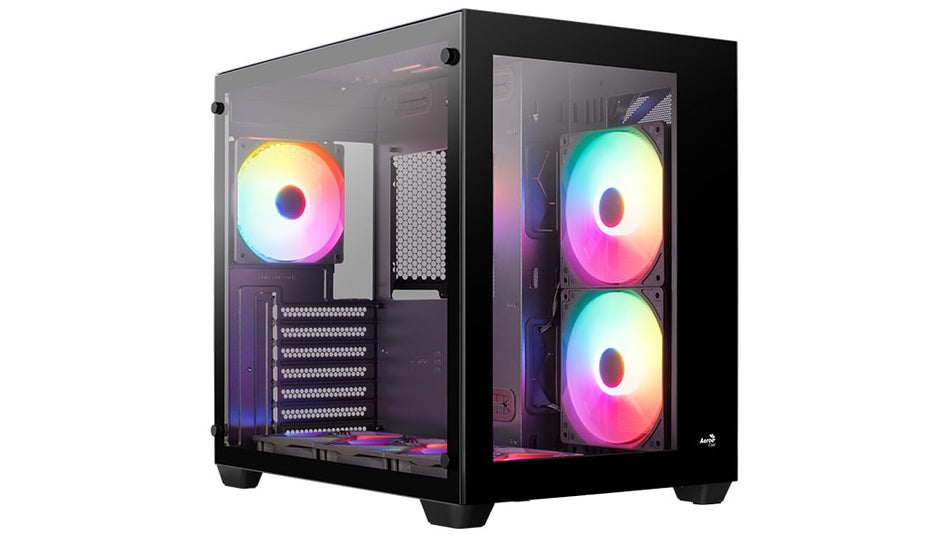 Aerocool ATX Case Dryft with Panoramic View, Full tempered glass front and side panels with Pre-installed Side 2x140mm, Bottom 3x120mm and Rear 1x120mm FRGB Fan, Black