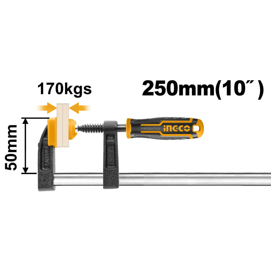 INGCO 50 x 250mm Heavy-Duty F-Clamp with Ergonomic Handle (Serre-Joint en F) – 170kg Maximum Clamping Force, 5 x 15mm Steel Guide Rail, 11mm Screw Thread, and Protective Jaw Caps (HFC020503)