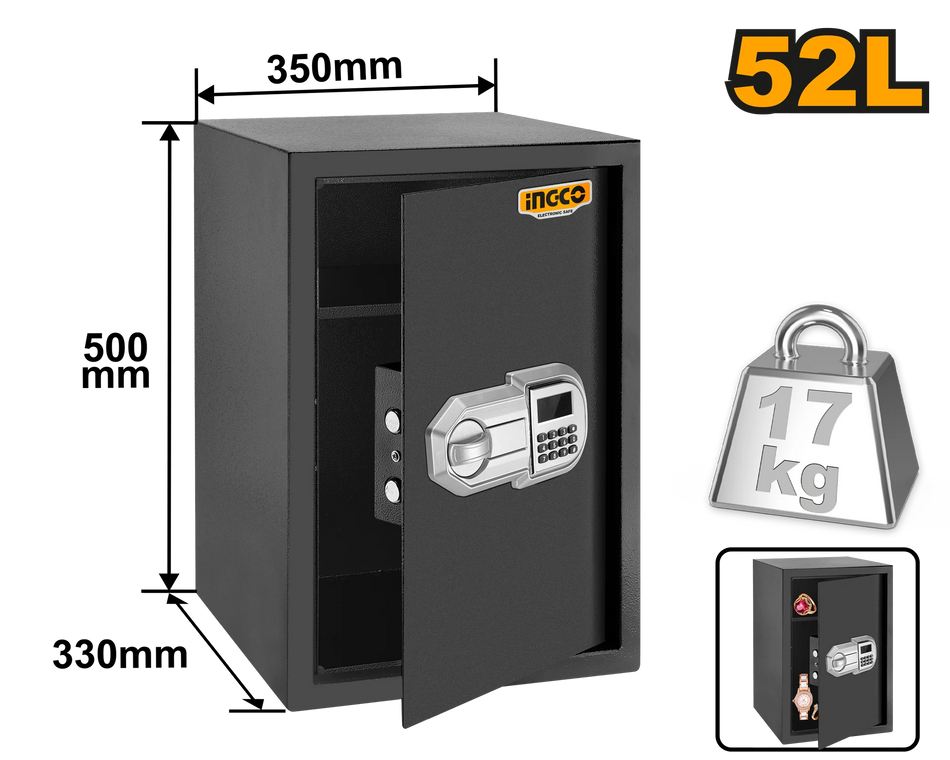 INGCO 52L Electronic Digital Safe Box (Coffre-Fort Électronique) – 50 x 35 x 33cm, 4mm Heavy Door Panel, 3–8 Digit Programmable Passcode, Dual Emergency Override Keys, and Mounting Bolts (ESF5002)