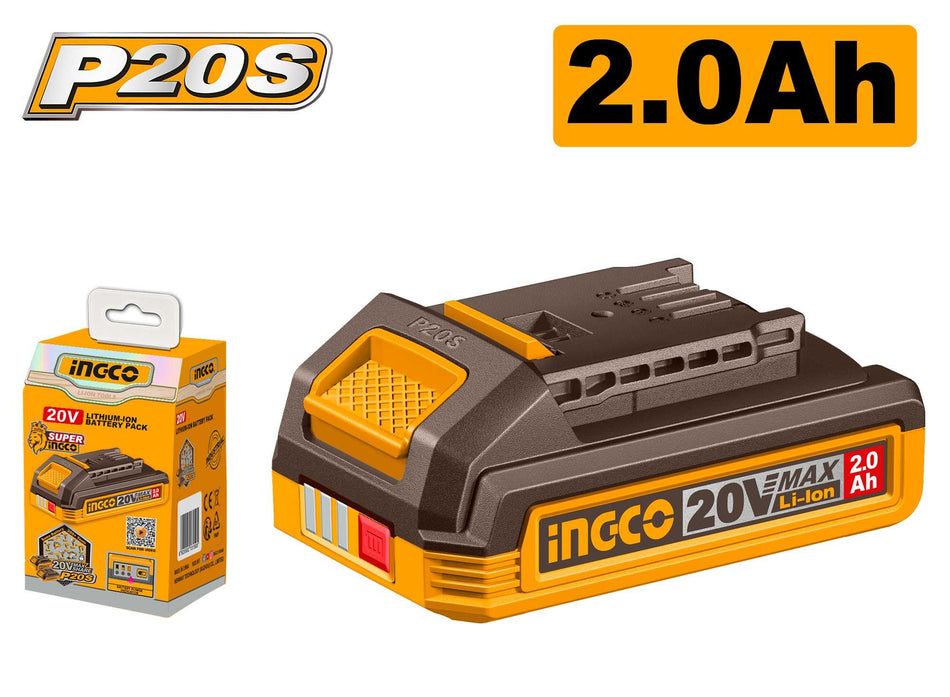 INGCO P20S Lithium-Ion Battery Pack (FBLI20011) – Professional 20V Slimline Power Source, Efficient 2.0Ah Capacity, Integrated LED Battery Level Indicator & Multi-Tool Compatibility with All P20S Platform Tools