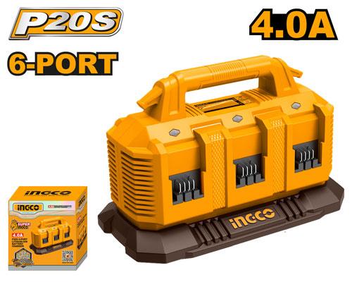 INGCO P20S Battery Charger (FCLI2064) – Professional 20V Multi-Port Fast Charger, High-Output 4A Charging Current, Multi-Slot Capability (Accepts up to 6 P20S Battery Packs), Intelligent Sequential Smart Charging & Wide 220-240V Input