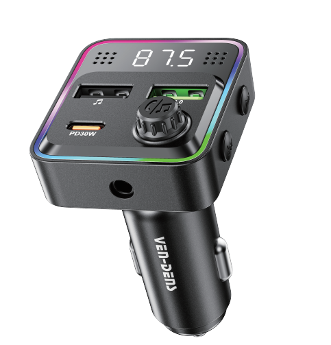 Ven-Dens VD-FM012 Fast Car Charger and Bluetooth 5.3 FM Transmitter | Type-C & USB-A Wireless Audio Adapter