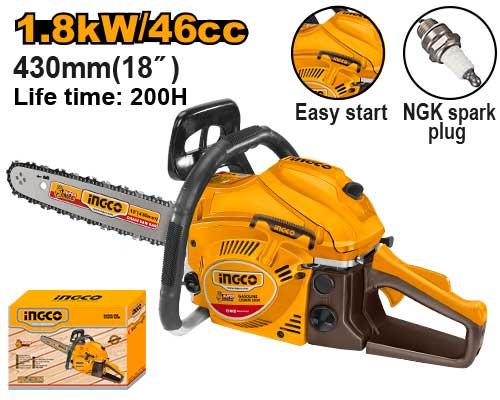 INGCO Gasoline Chainsaw (GCS5451811) – Heavy-Duty 1.8kW / 2.4HP High-Performance Wood Cutter, Powerful 45.8cc 2-Stroke Engine, 18" (455mm) Bar & Chain, 550ml Fuel Tank & Easy-Start System
