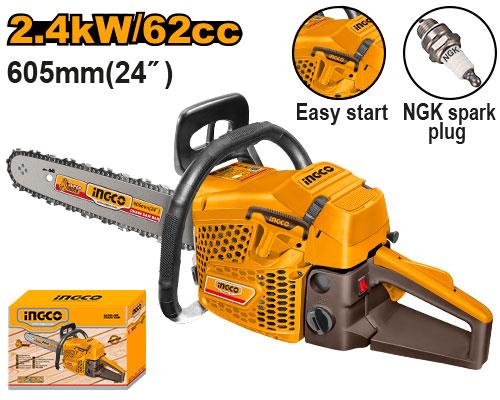 INGCO Gasoline Chainsaw (GCS5602411) – Heavy-Duty 2.4kW / 2.6kW High-Performance Wood Cutter, Powerful 62cc 2-Stroke Engine, Massive 24" (605mm) Bar & Chain, 550ml Fuel Tank & Easy-Start System