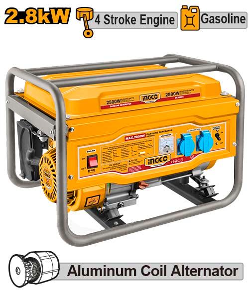 INGCO Gasoline Generator (GE30005) – Reliable 2.8kW Max / 2.5kW Rated Power Source, 210cc 4-Stroke OHV Engine, Recoil Start System, Aluminum Coil Alternator & 15L Fuel Tank