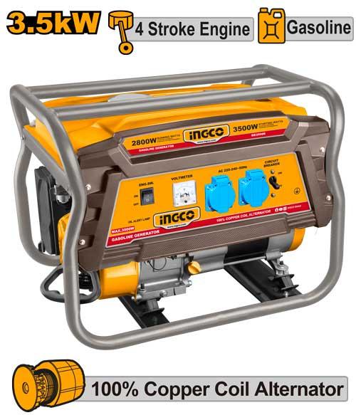 INGCO Gasoline Generator (GE35006) – Reliable 3.5kW Max / 2.8kW Rated Power Source, 208cc 4-Stroke OHV Engine, Recoil Start System, 100% Copper Coil & 15L Fuel Tank