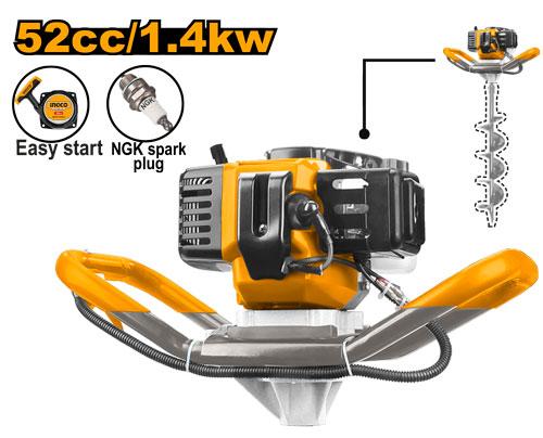 INGCO Gasoline Earth Auger (GEA55221-1) – High-Performance 1.4kW (2.0HP) Post Hole Digger, Powerful 52cc 2-Stroke Air-Cooled Engine, 0–265rpm Variable Auger Speed, Features NGK Spark Plug, Easy-Start System & Large 1.2L Fuel Tank