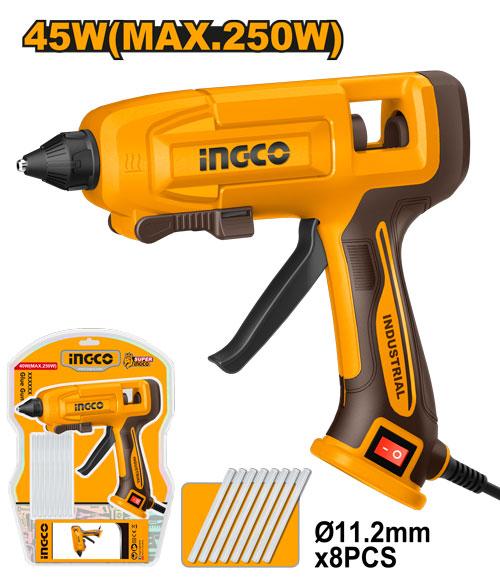 INGCO Professional Hot Glue Gun 250W (GG408) – Heavy-Duty Electric Gluer, Fast 3–5 Minute Heat-Up, Stable 15–20g/min Gluing Capacity, Ergonomic Trigger, Includes 8 Pieces of 11.2mm Diameter Glue Sticks
