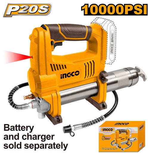 INGCO Cordless Grease Gun (GGLI2010) – High-Pressure 20V Lithium-Ion Lubrication Tool, Massive 10,000 PSI (690 Bar) Pressure, 282g/min High-Flow Output Rate, Features Flexible 30" (76cm) Hose & Dual Capacity (16oz Bulk / 14.5oz Cartridge)