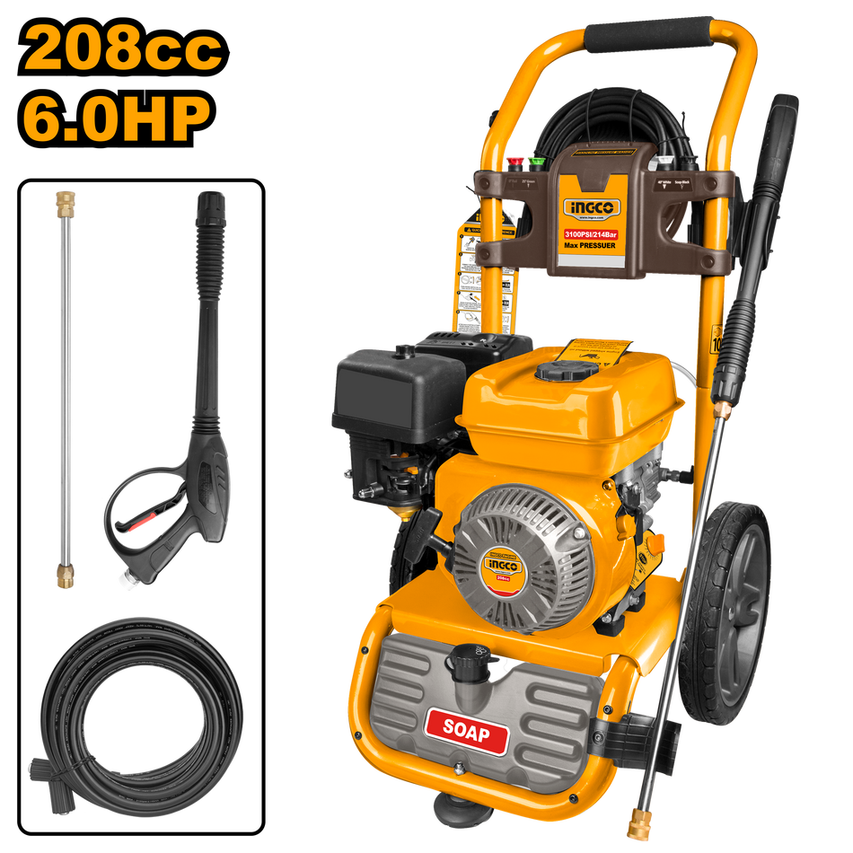 INGCO Gasoline Pressure Washer (GHPW2003) – Reliable 6.0HP 4-Stroke OHV Engine, 3-Piston Axial Cam Aluminum Pump, Max 214 Bar Pressure & 8.7L/min Flow Rate, Features 208cc Displacement, Recoil Start & 3.6L Fuel Tank