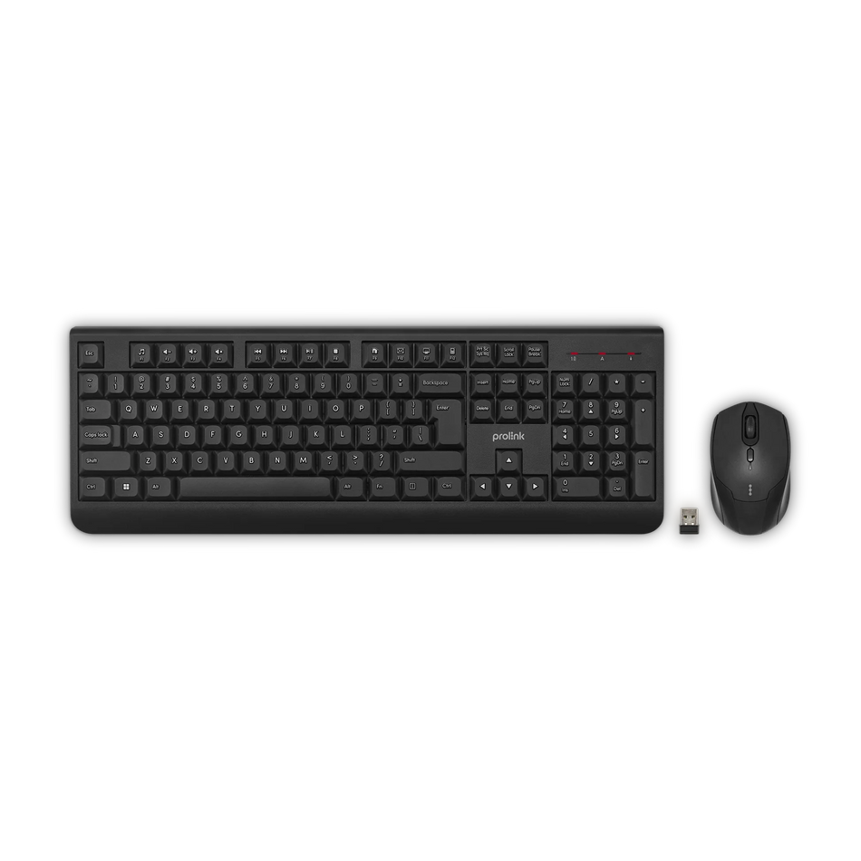 PROLiNK GMK-2002M | Wireless Multimedia Keyboard and Mouse Combo | Spill-Resistant 104-Key Desktop Keyboard and Adjustable 1600 DPI Ambidextrous Optical Mouse Set