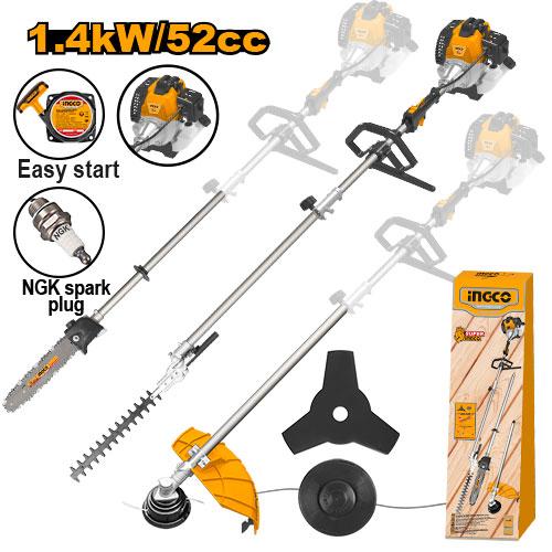 INGCO 4-in-1 Gasoline Hedge Trimmer Multi-Tool (GMT55231) – Versatile 1.4kW (2.0HP) Heavy-Duty Landscaping System, 52cc 2-Stroke Engine, Includes Grass Cutter, Bush Cutter, Hedge Trimmer & Pole Saw Attachments