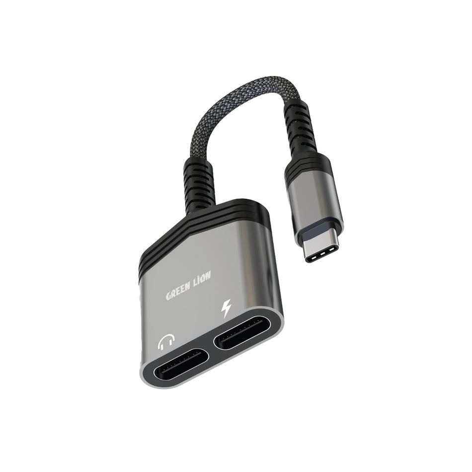 Green Lion 2 IN 1 Splitter Adapter Type-C to Type-C Charging & Audio - Black