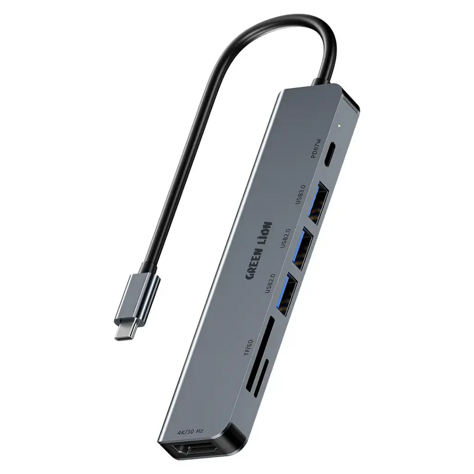 Green Lion 7 in 1 USB-C Hub, 3 USB-A Ports, HDMI, PD Port, 4K@30Hz Resolution, SD & TF Card Input - Gray