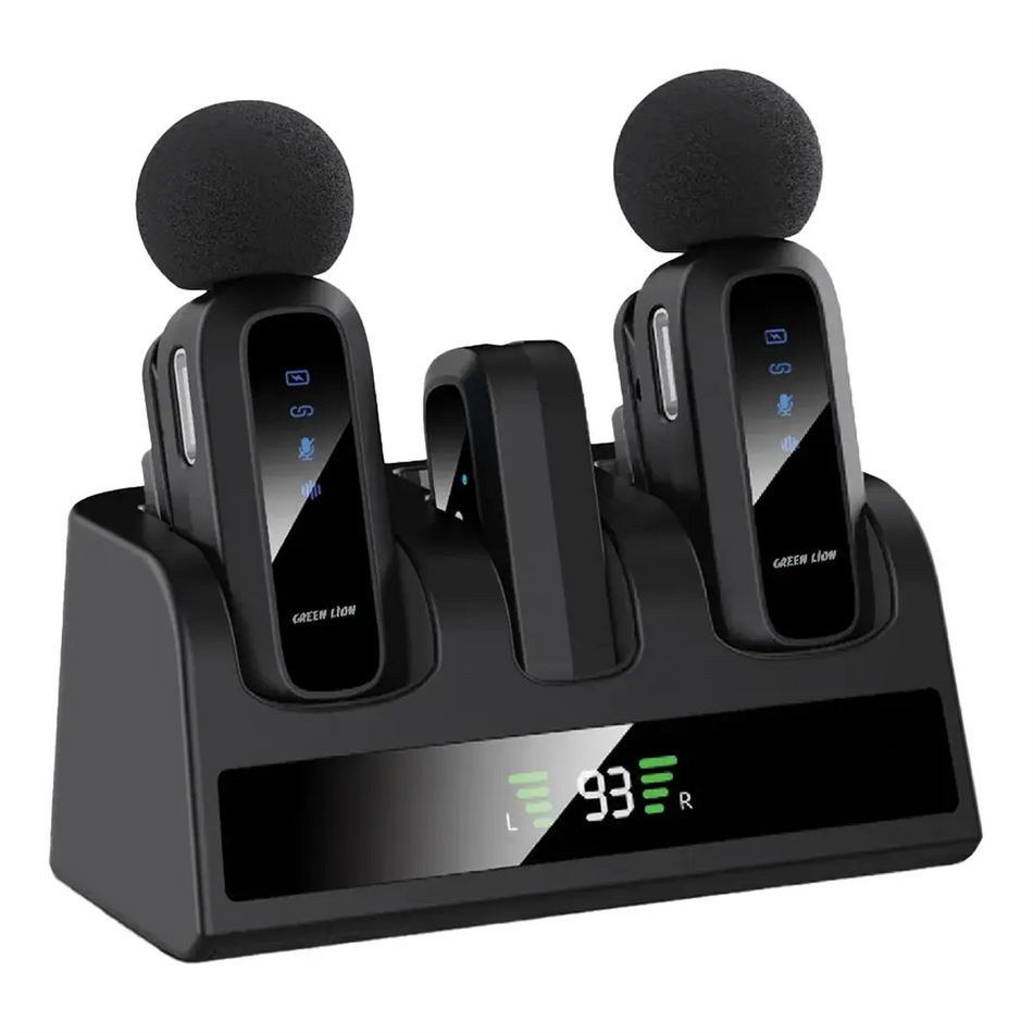 Green Lion GM-89X 2-in-1 Wireless Microphone Set (Dual Type-C & Lightning Connectors, Smart Noise Cancellation, Digital Display, Reverb Mode, 5H Working Time, Black)