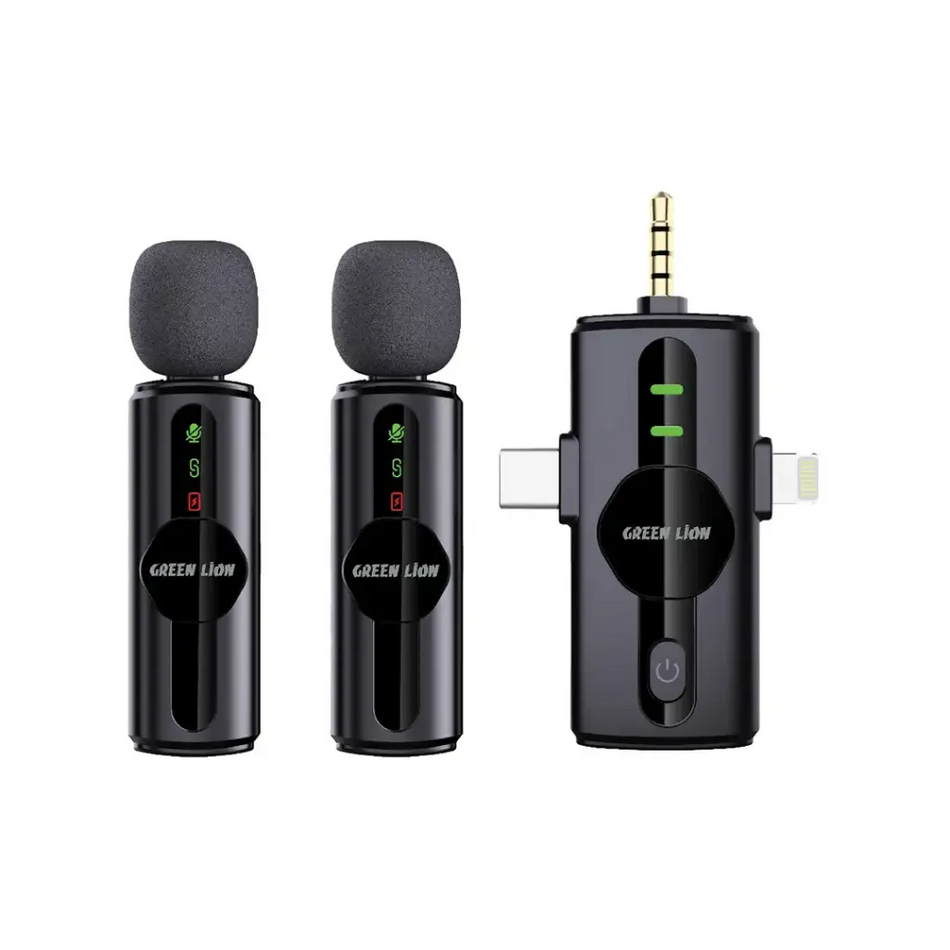 Green Lion GM-80X Dual Microphone 3 In 1, LED Display, 3 Level Noise Cancelation, 20M Transmission Range, 5H Battery Life, 65mAh Mic Battery, Ultra Low Latency, Lightning Head/USB-A/USB-C Supported - Black