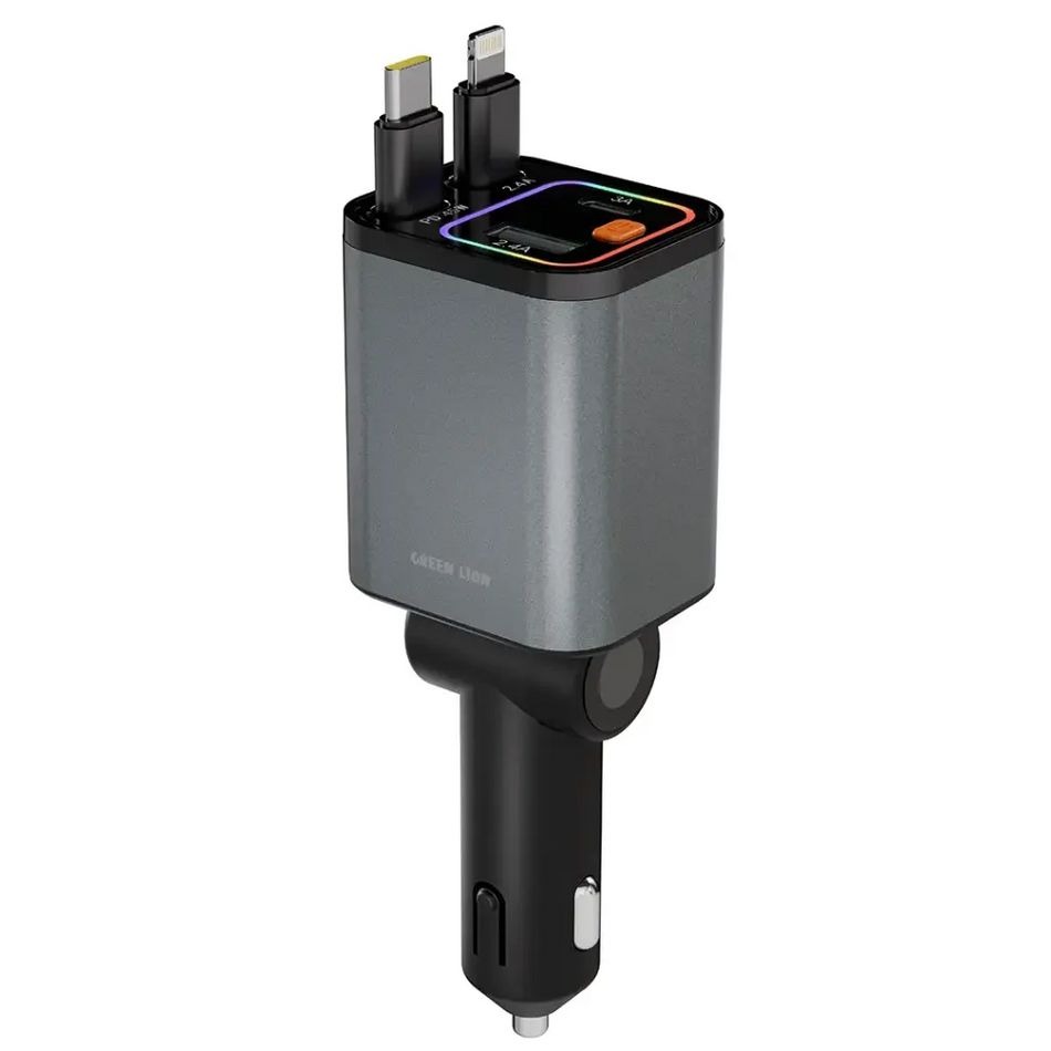 Green Lion Retractable 65W Car Charger, High-Speed Power Delivery, Built-in Retractable Cables, Multi-Device Charging, Universal Vehicle Compatibility (Grey)