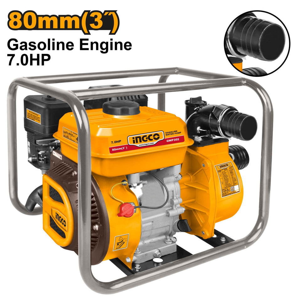 INGCO Gasoline Water Pump (GWP302) – High-Volume 3" Suction & Discharge Port Heavy-Duty Pump Powered by 7.0HP Gasoline Engine, 208cc Displacement, 1000L/min Max Flow Rate & 32m Max Head Lift, Features 3.6L Fuel Tank & Recoil Starting System