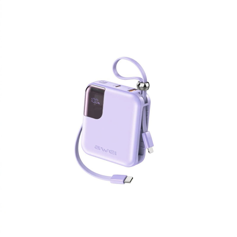 Awei P560L 10,000mAh 22.5W Fast Charging Power Bank with Built-in Cables - Purple