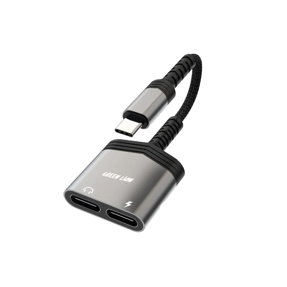 Green Lion 2 IN 1 Splitter Adapter Type-C to Type-C Charging & Audio - Black