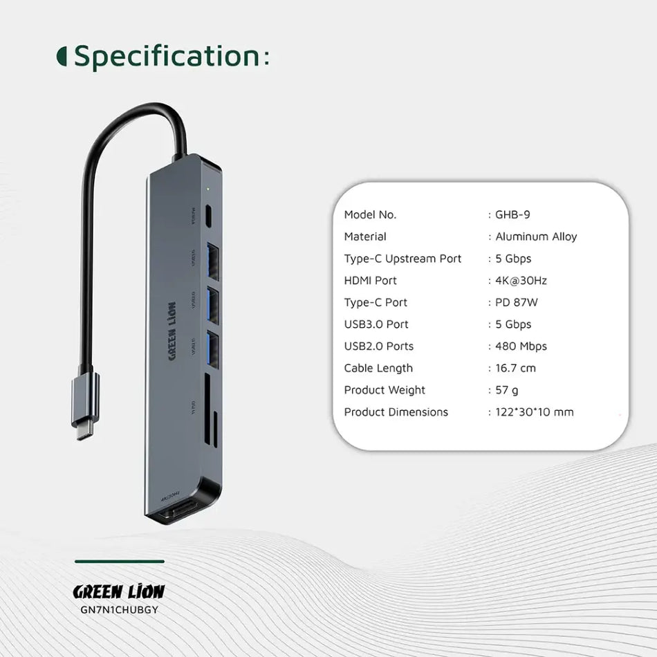 Green Lion 7 in 1 USB-C Hub, 3 USB-A Ports, HDMI, PD Port, 4K@30Hz Resolution, SD & TF Card Input - Gray