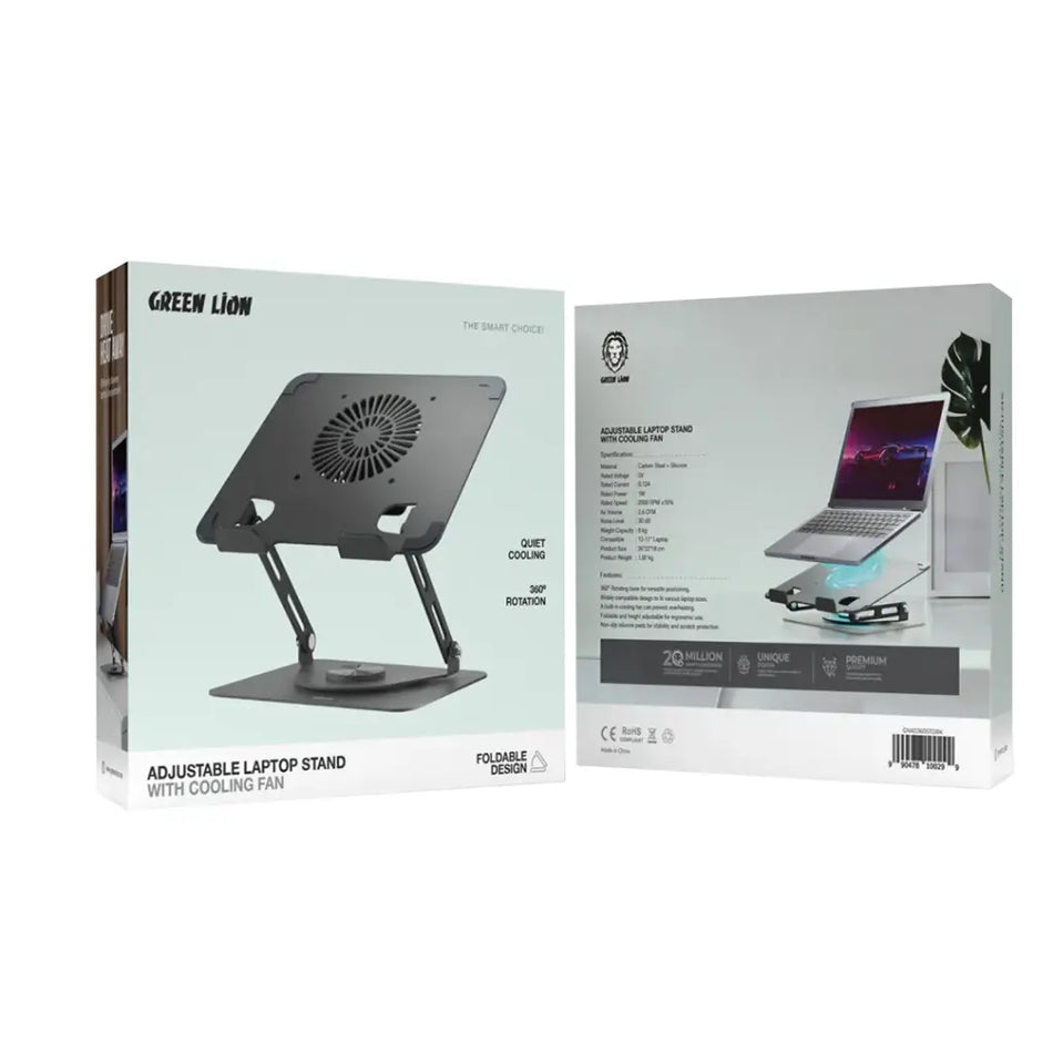 Green Lion Adjustable Laptop Stand - Ergonomic Cooling Mount with Fan (Black)