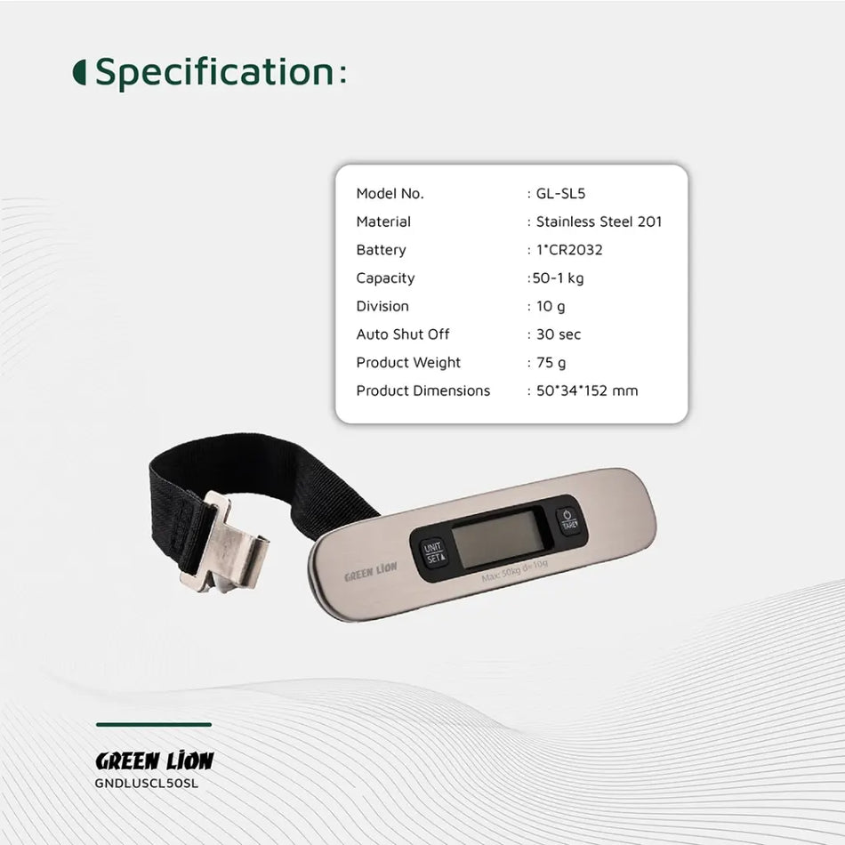 Green Lion  Digital Luggage Scale | High-Precision Portable Hanging Baggage Scale with Backlit LCD Display, Tare Function & Ergonomic Design - Silver Edition (GNDLUSCL50SL)