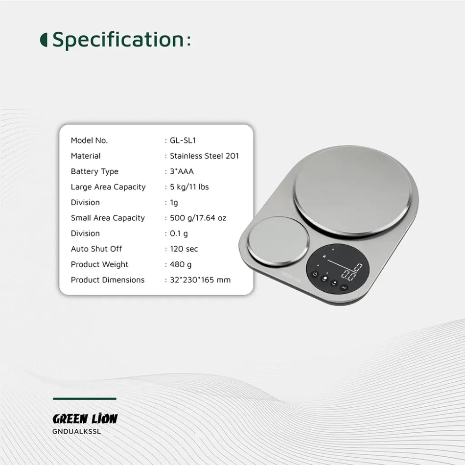 GREEN LION GL-SL1 Dual Kitchen Scale 5 kg & 500 g Capacity, Precision Weighing, Tare Function, Auto Shut-Off, Low Battery & Overload Indicator - Silver