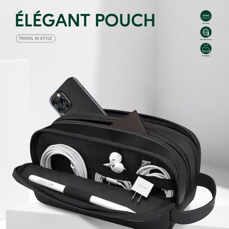 Green Lion Elegant Pouch, Multi-Compartment Tech Organizer, Water-Resistant Material, Portable Carrying Handle, Versatile Daily Storage