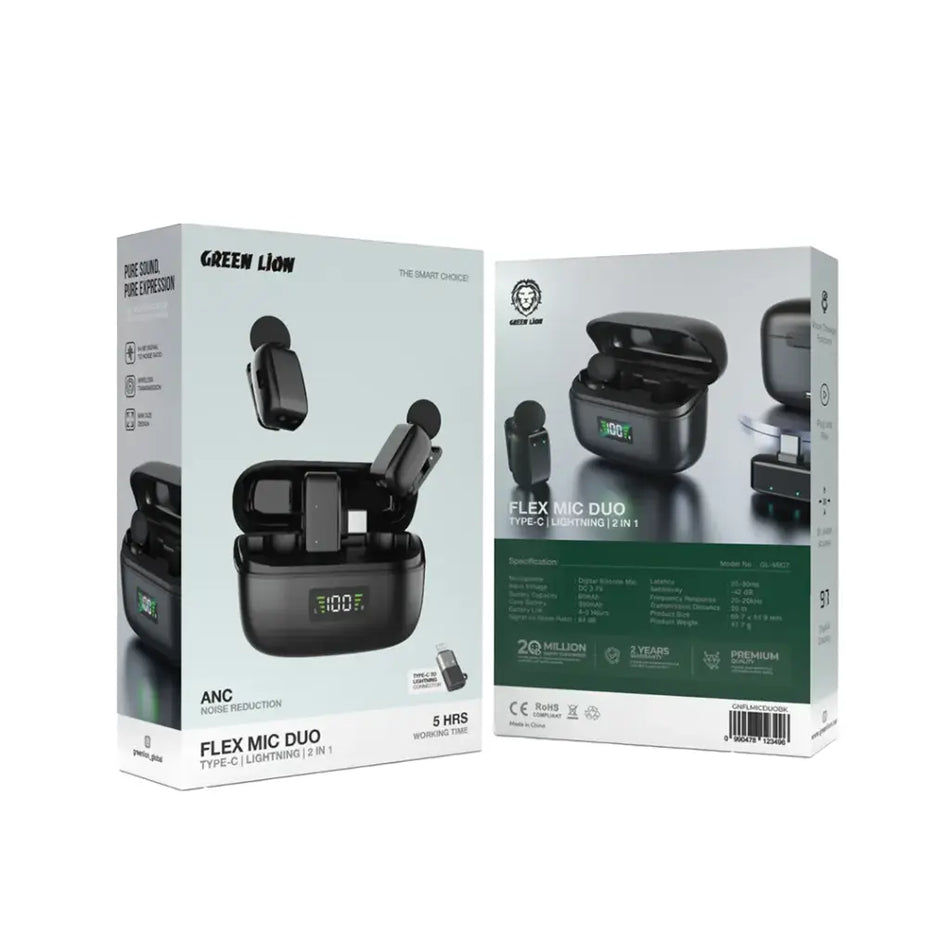 Green Lion GL-MIC7 Flex Mic Duo Dual Wireless Microphone System (Intelligent Noise Cancellation, Plug-and-Play, USB-C & Lightning Interfaces, Black)