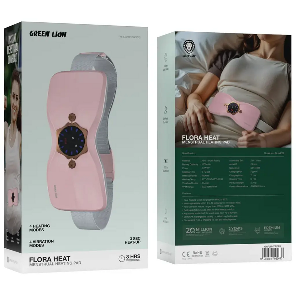 Green Lion Flora Heat Portable Menstrual Heating Pad & Cordless Massager (Pink) | GNFLRHTPDPK - with Intelligent Digital Display, Pads for Cramps, Massager, Skin Friendly, Adjust Belt, Heating Pad, Instant Menstrual Comfort, Gift for Women and Girls