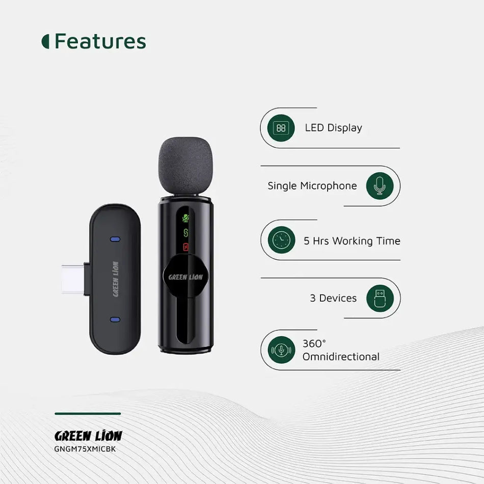 Green Lion GM-75X Microphone 3 In 1,Real-Time Monitoring,Ultra Low Latency,360° Omni Directional,Reverb Mode, HD Sound Quality,5H Battery Life,65mAh Rechargeable Battery,20M Transmission Range - Black