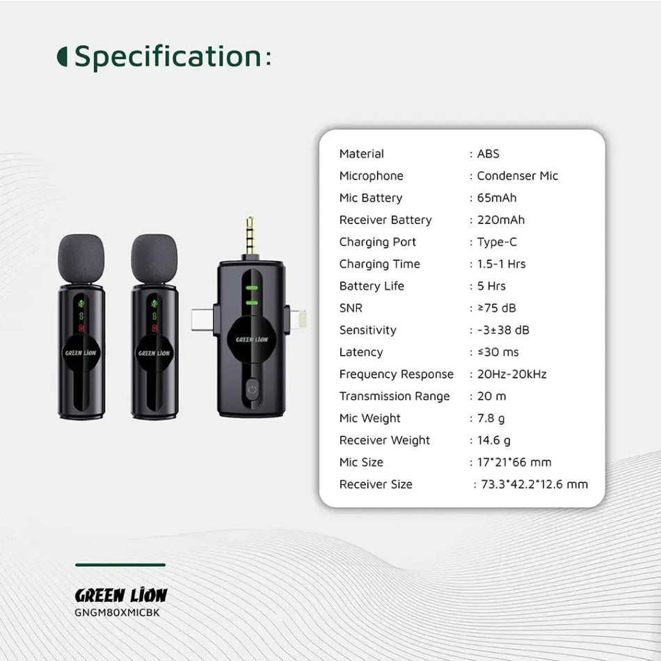 Green Lion GM-80X Dual Microphone 3 In 1, LED Display, 3 Level Noise Cancelation, 20M Transmission Range, 5H Battery Life, 65mAh Mic Battery, Ultra Low Latency, Lightning Head/USB-A/USB-C Supported - Black