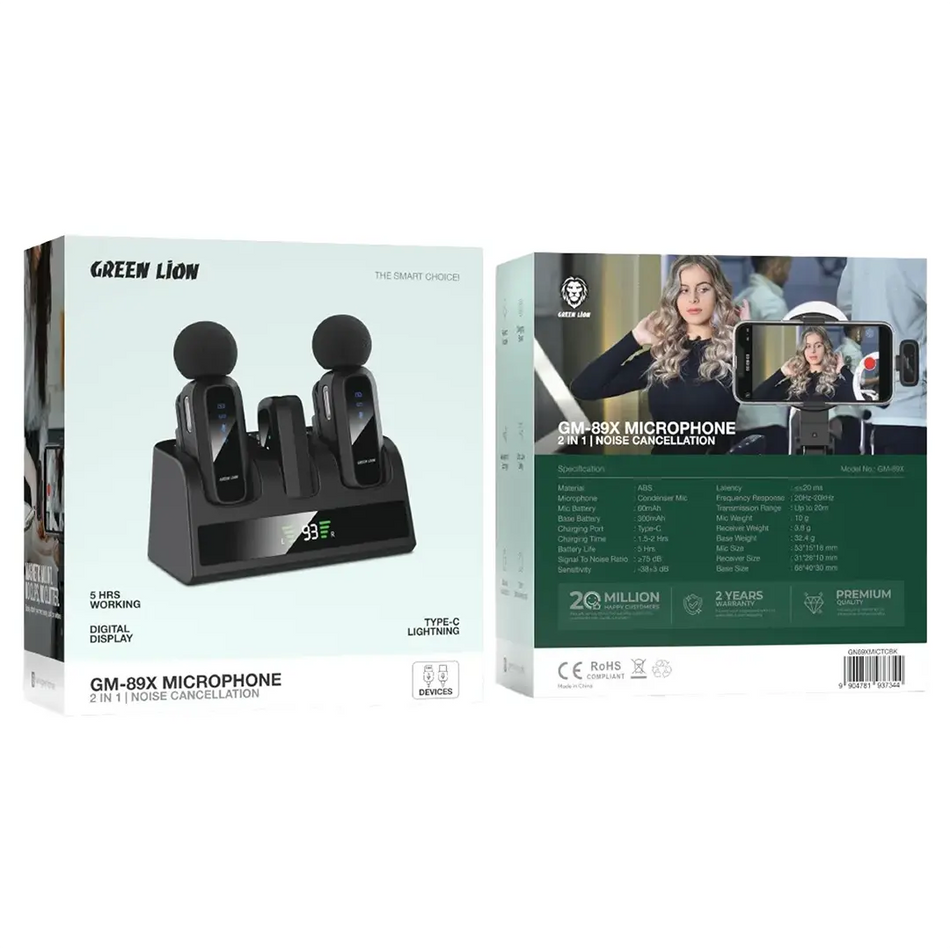 Green Lion GM-89X 2-in-1 Wireless Microphone Set (Dual Type-C & Lightning Connectors, Smart Noise Cancellation, Digital Display, Reverb Mode, 5H Working Time, Black)