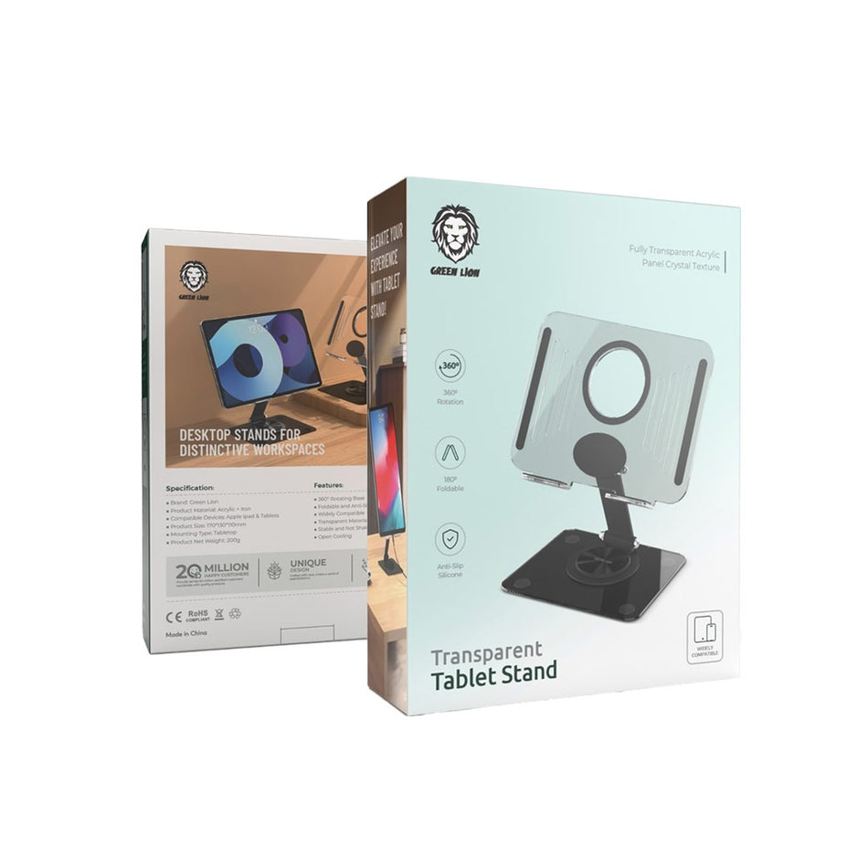 Green Lion Transparent Magnetic Tablet Stand – 360° Rotating Adjustable Holder - Black