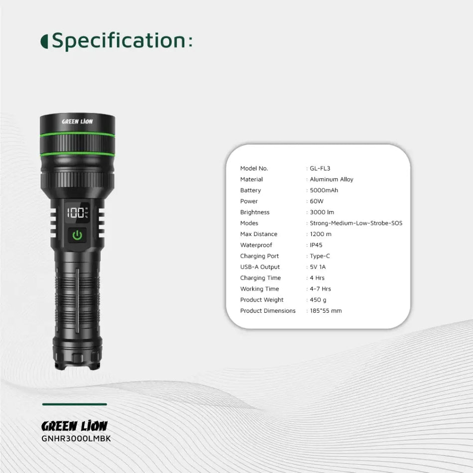 Green Lion Hyper Ray Pro LED Torch With Digital Display - Black