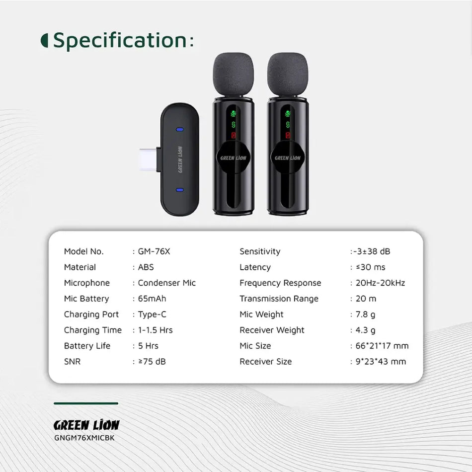 Green Lion GM-76X 3-in-1 Wireless Microphone System (3-Level Noise Cancellation, Dual Mics, Reverb Mode, 20m Range, Black,)