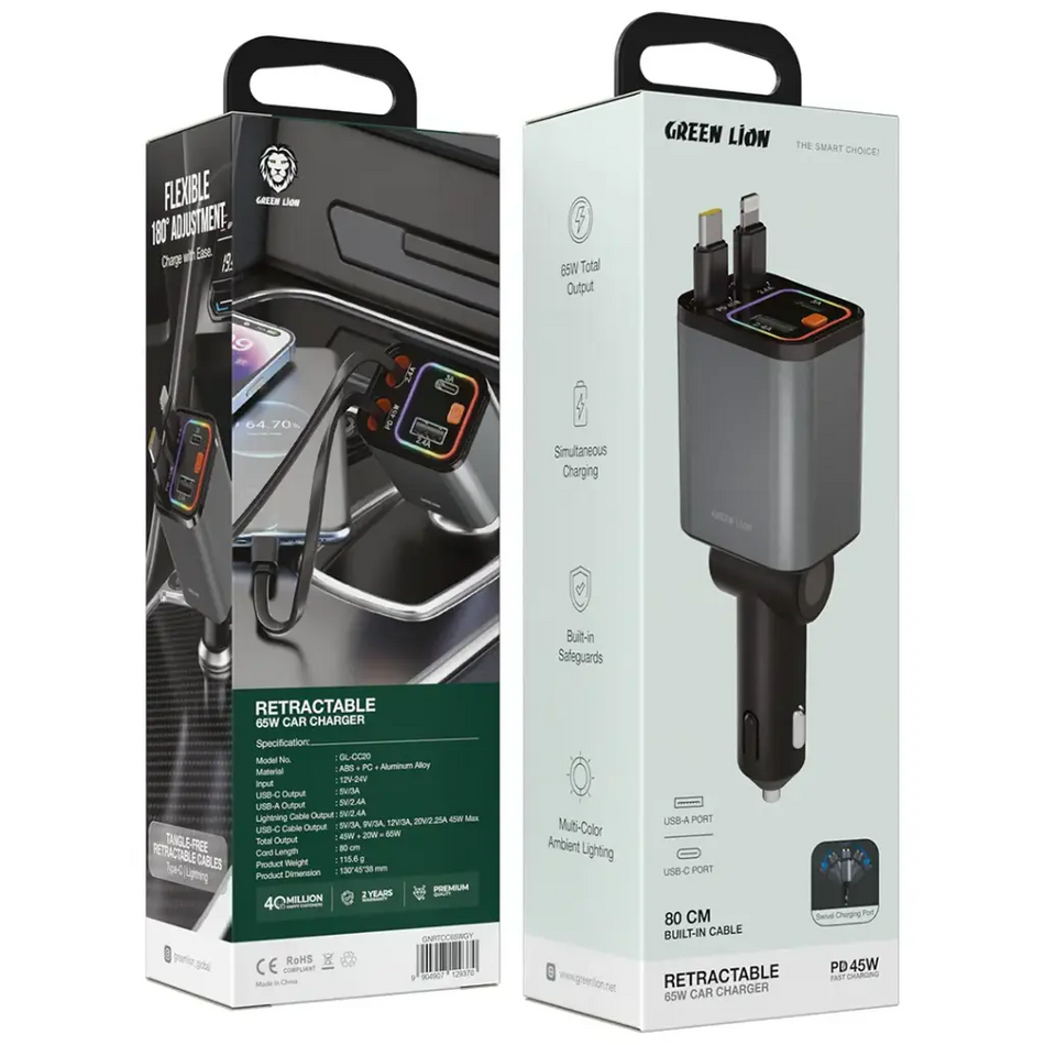 Green Lion Retractable 65W Car Charger, High-Speed Power Delivery, Built-in Retractable Cables, Multi-Device Charging, Universal Vehicle Compatibility (Grey)