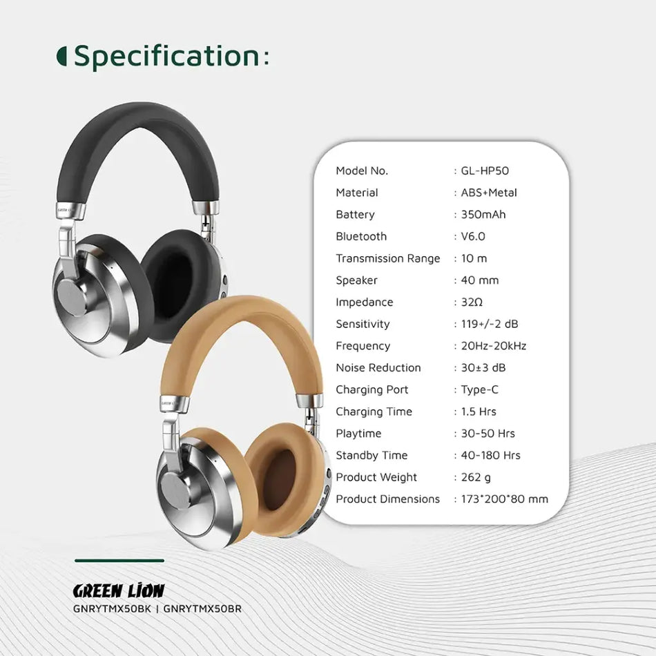 Green Lion Rhythm X50 ANC Wireless Headphone with 30dB Noise Cancellation & 50H Playtime - Black