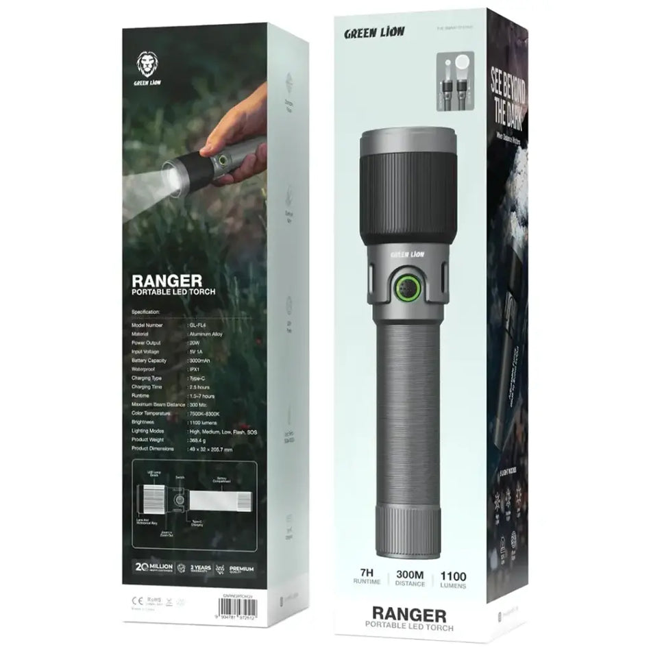 Green Lion GL-F14 Ranger Portable LED Torch - Gray | High-Lumen Rechargeable Outdoor Flashlight, Heavy-Duty Aluminum Alloy Handheld Light