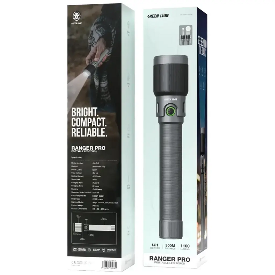 Green Lion Ranger Pro Portable LED Rechargeable Flashlight Torch - Gray